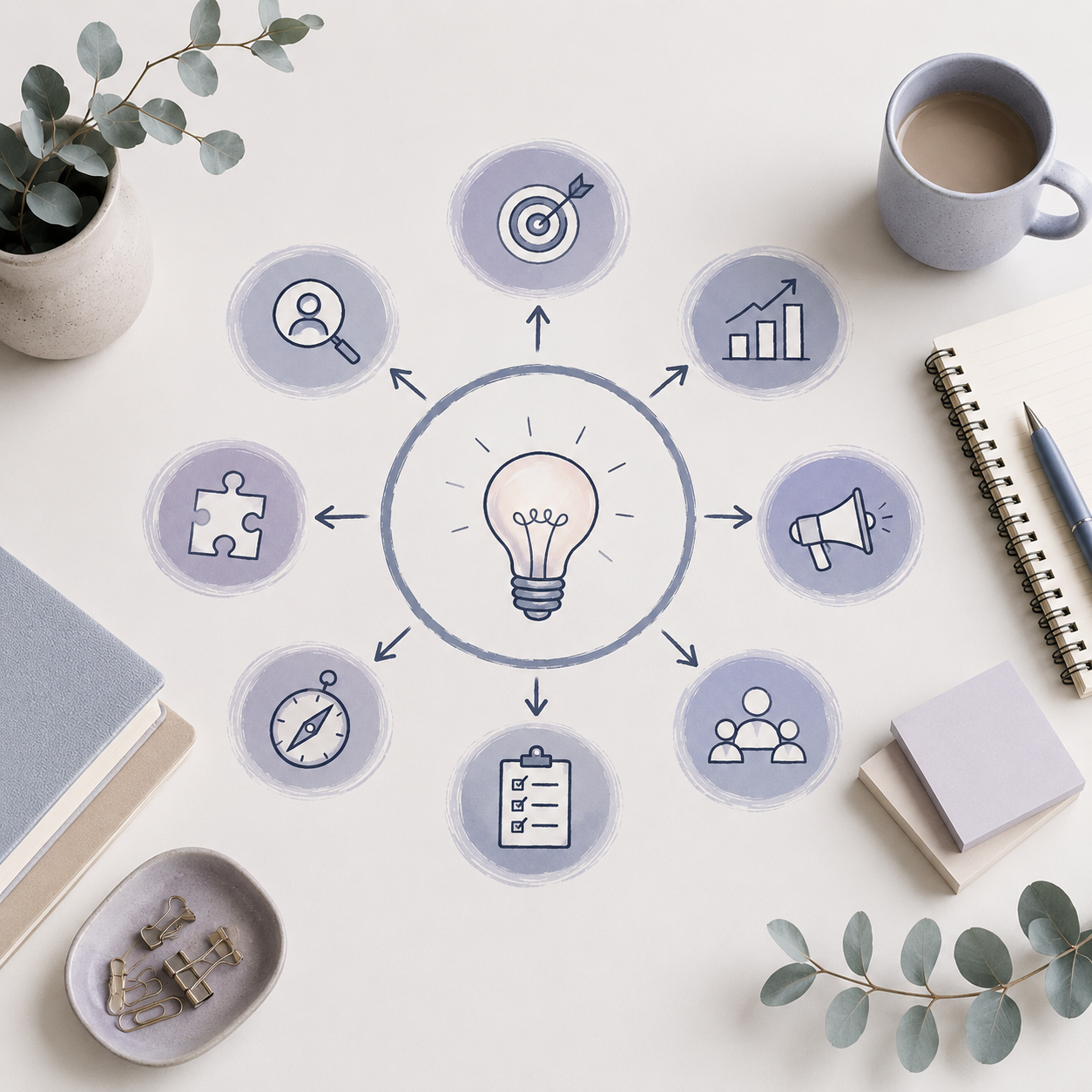 Visuele voorstelling van een idee dat wordt vertaald naar strategie, positionering, communicatie, planning, samenwerking en groei.